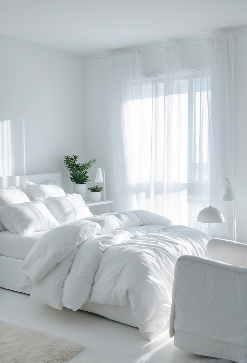 A bright bedroom with a white bed, white curtains, and simple white furniture illuminated by natural light.