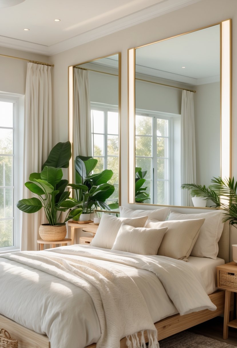 A bright bedroom with large windows and mirrors reflecting natural light, featuring a bed with white linens and plants.