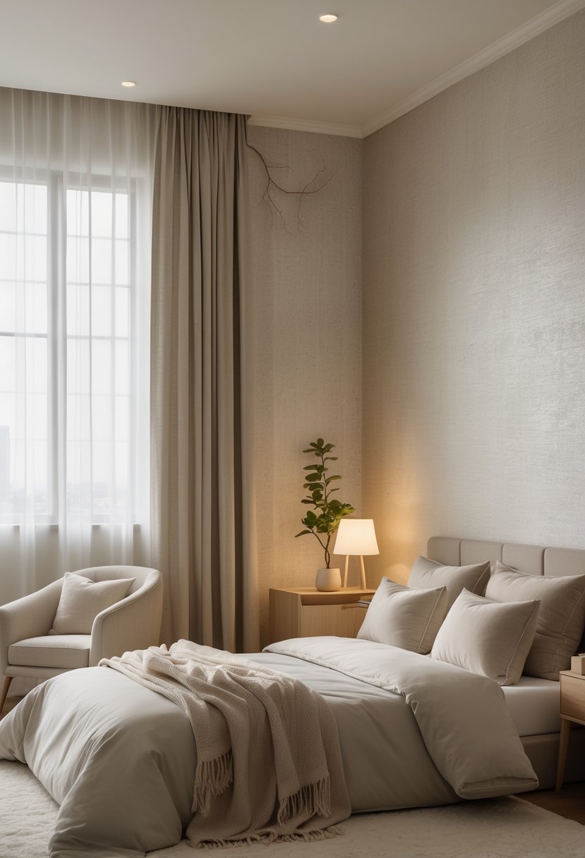 A peaceful bedroom with a neatly made bed, textured wallpaper, a nightstand with a plant and lamp, and soft natural light coming through windows.