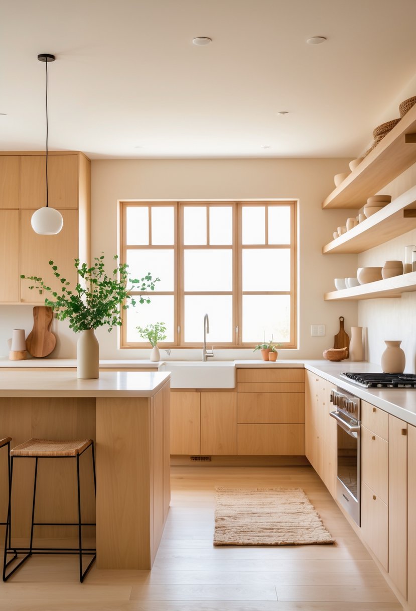 v2 17ncmn lq3za A bright kitchen with wooden cabinets, a large island, modern appliances, and natural light coming through windows.