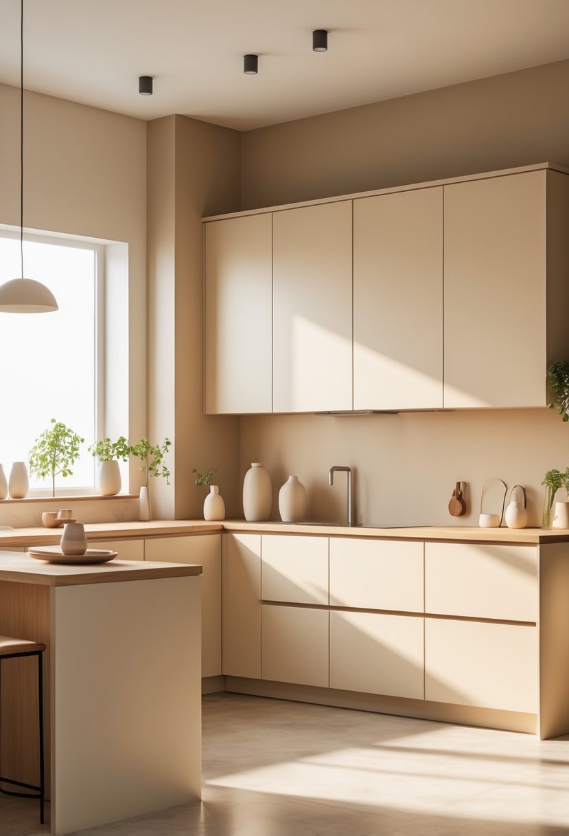 v2 17ncmz A modern kitchen with light wooden countertops, neutral colored cabinets, and simple decorative items on the counters.