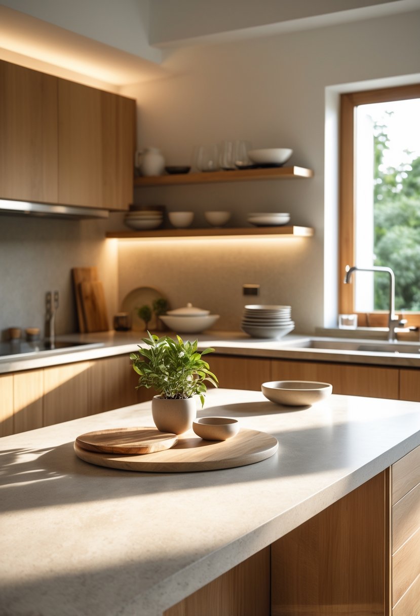 v2 17ncom v01yo A modern kitchen with matte stone countertops, warm wood cabinets, and minimal decor including a plant and kitchenware under soft natural light.