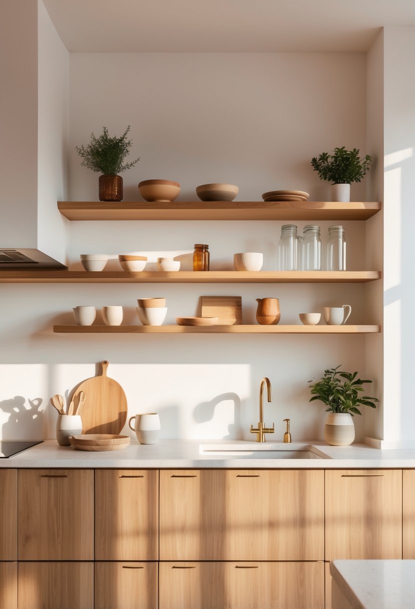 v2 17ncpf 4uack A clean and organized kitchen with open shelves holding a few bowls, jars, and plants, with a tidy countertop and warm natural light.
