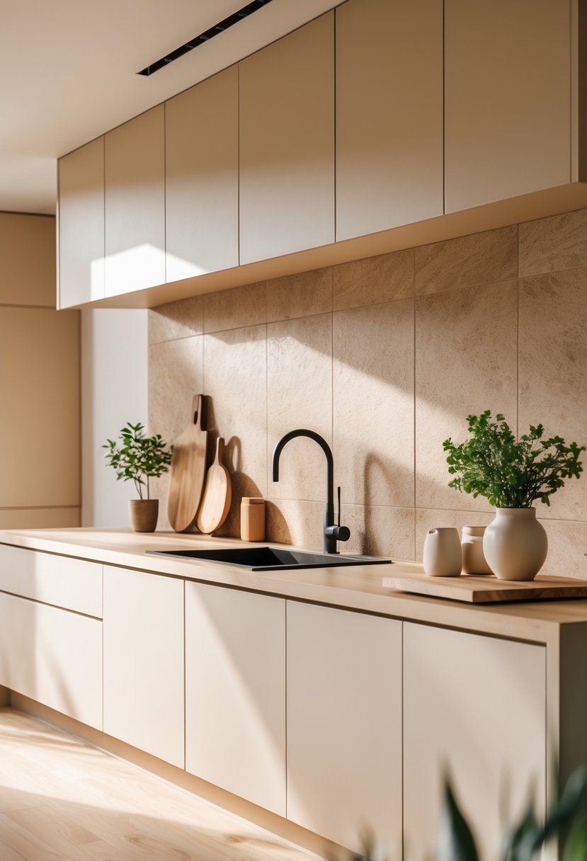 v2 17ncq4 a6qff A modern kitchen with a natural stone or ceramic backsplash, light wood countertops, and minimal decor including a small plant and kitchen jars.