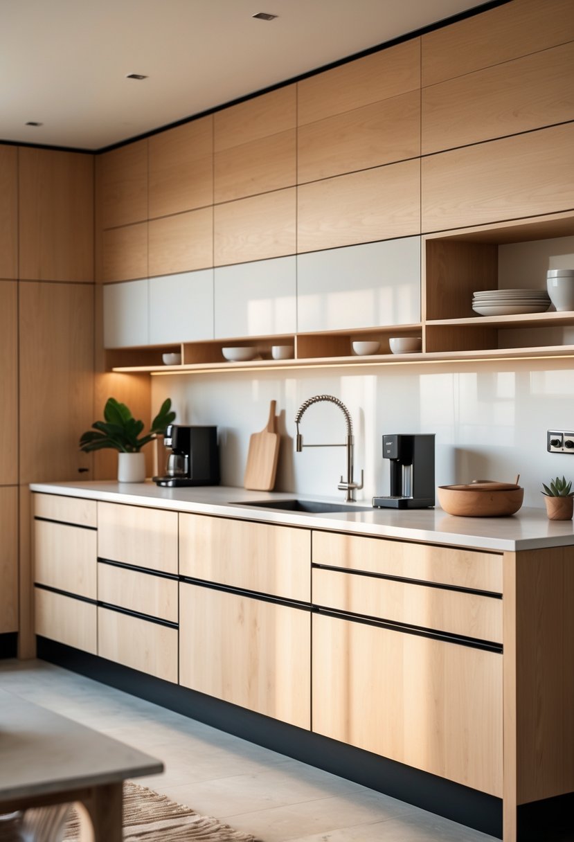 v2 17ncqx enep9 A modern kitchen with warm wood cabinets, open shelves, and a clean countertop with minimal items, brightly lit by natural light.