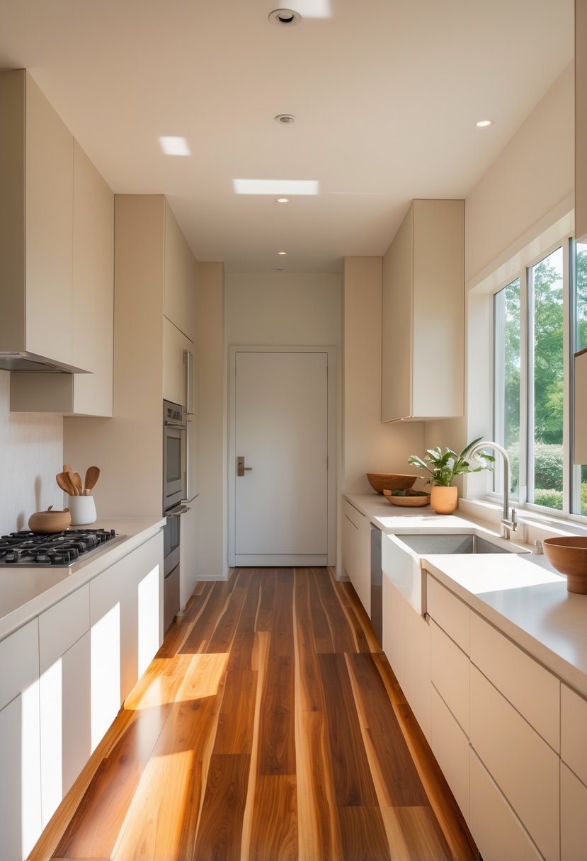 v2 17ncr9 fa43a A bright kitchen with warm hardwood flooring, light-colored cabinets, and natural sunlight coming through large windows.