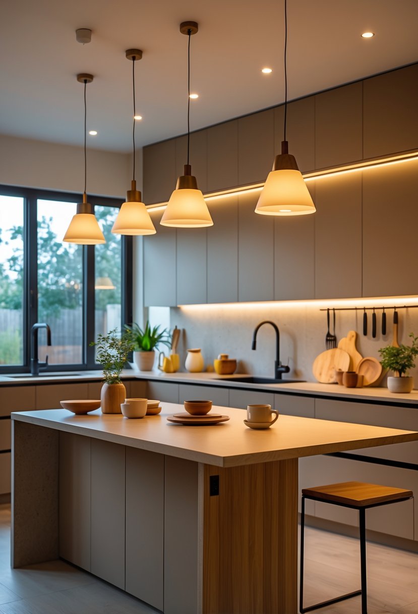 v2 17ncrn ba87c A modern kitchen with pendant lights hanging over a kitchen island, featuring warm lighting and minimalist decor.