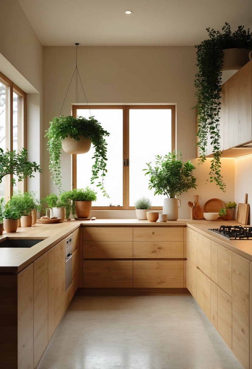 v2 17ncrz nf80a A modern kitchen with wooden cabinets, green plants on the windowsill and island, and natural light coming through large windows.