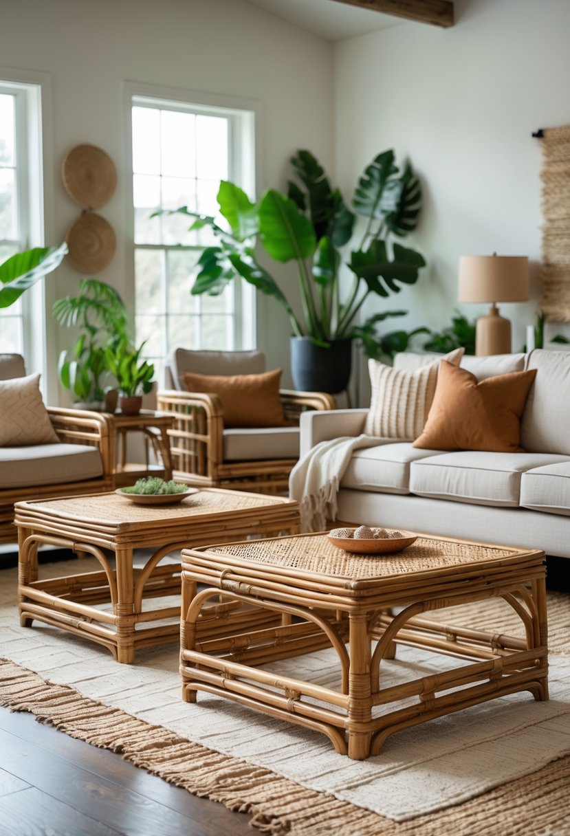 v2 17p66s A bright living room with comfortable seating arranged around hand-woven rattan coffee tables and decorated with plants and cozy textiles.
