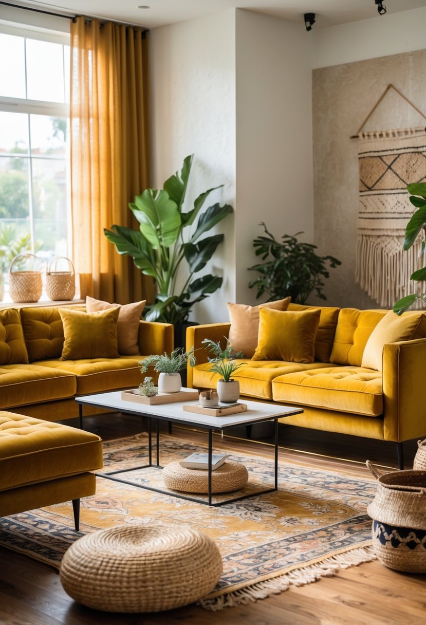 v2 17p68l fudjp A living room with mustard-colored velvet sofas, a coffee table, plants, and warm natural lighting.