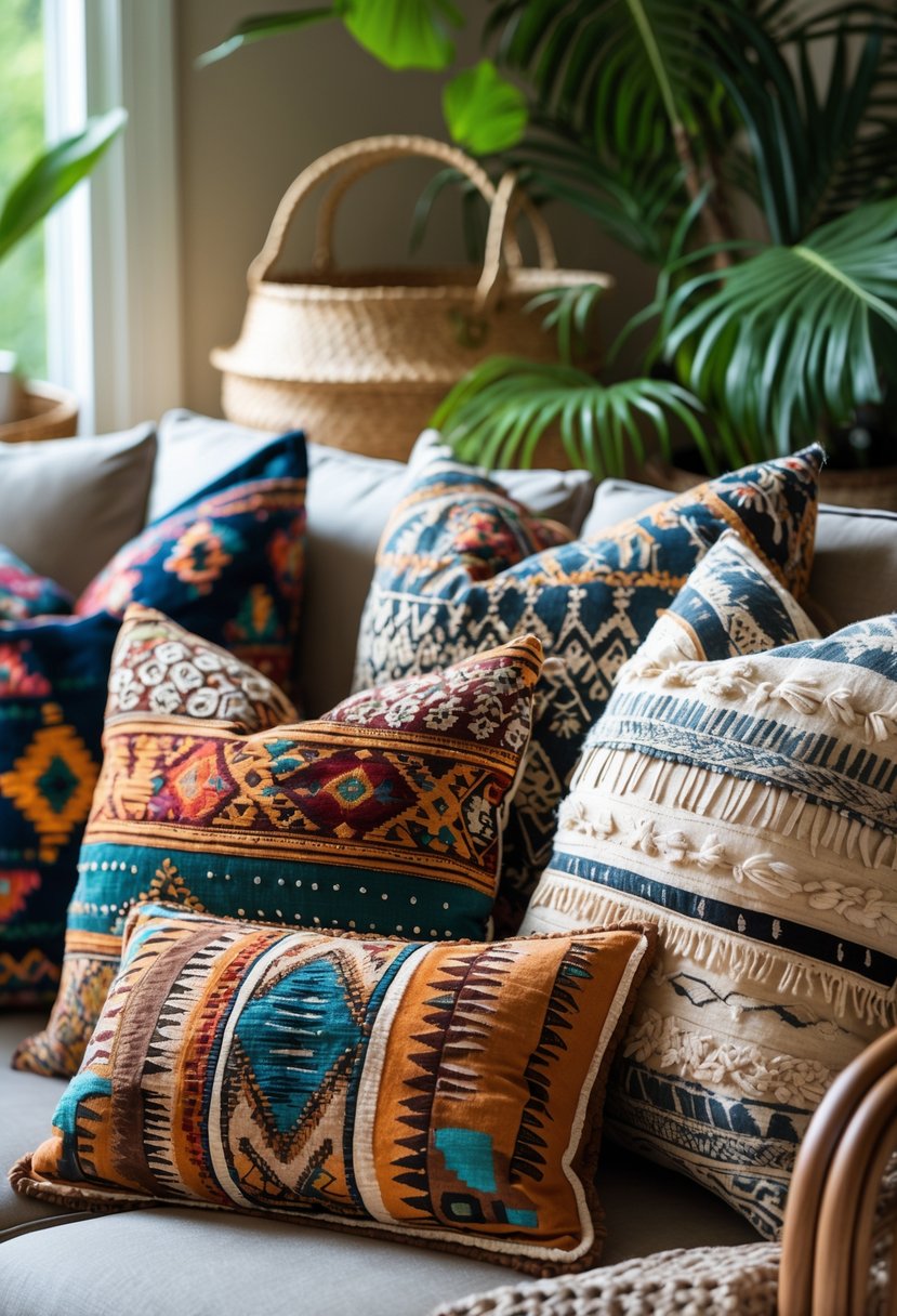 v2 17p690 pbcj2 A cozy living room corner with a sofa layered with various patterned and textured throw pillows, surrounded by wooden furniture and green plants.