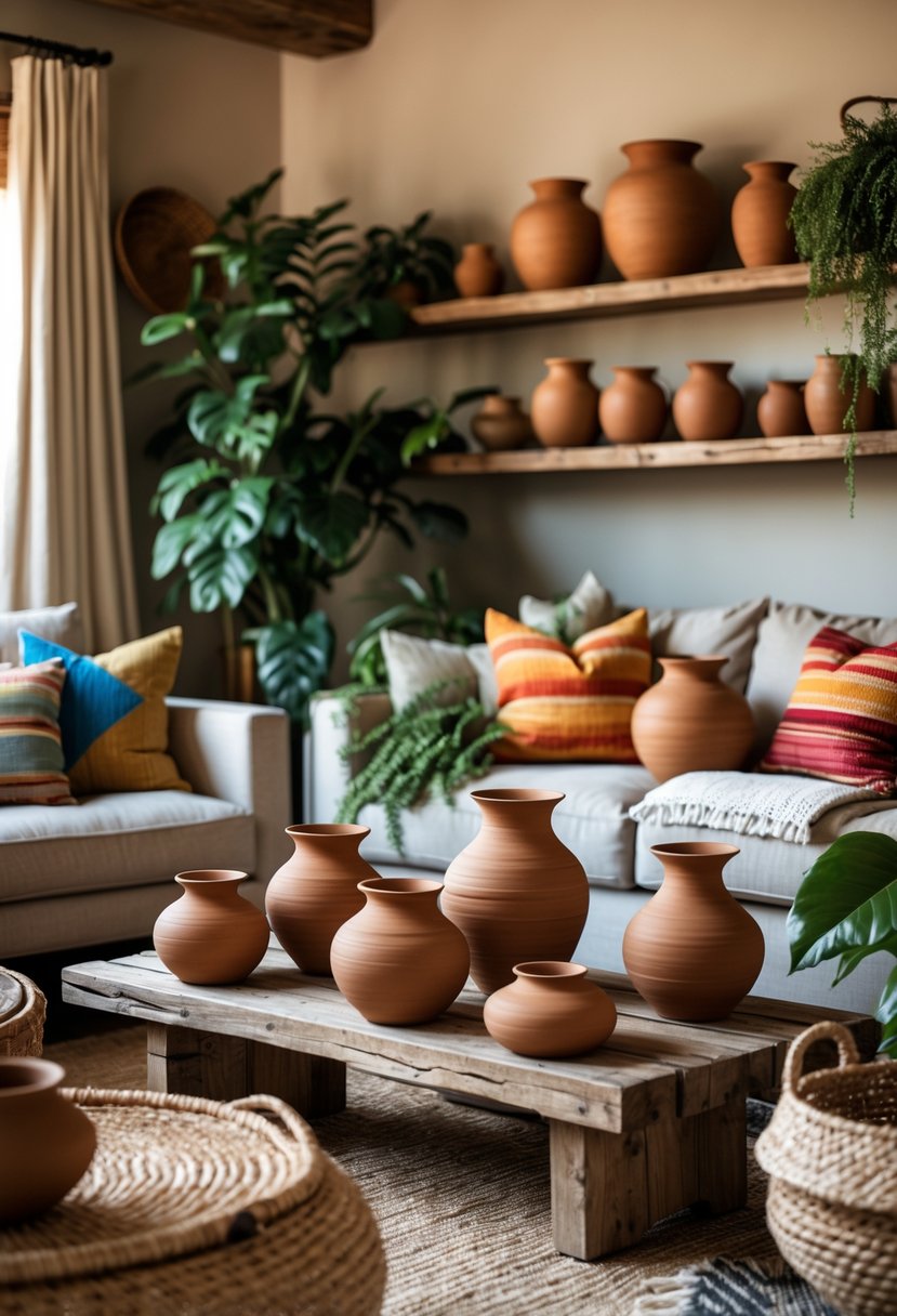 v2 17p69c 73jc8 A living room with earthy clay pottery vases displayed on shelves and a coffee table, surrounded by plants and comfortable seating.