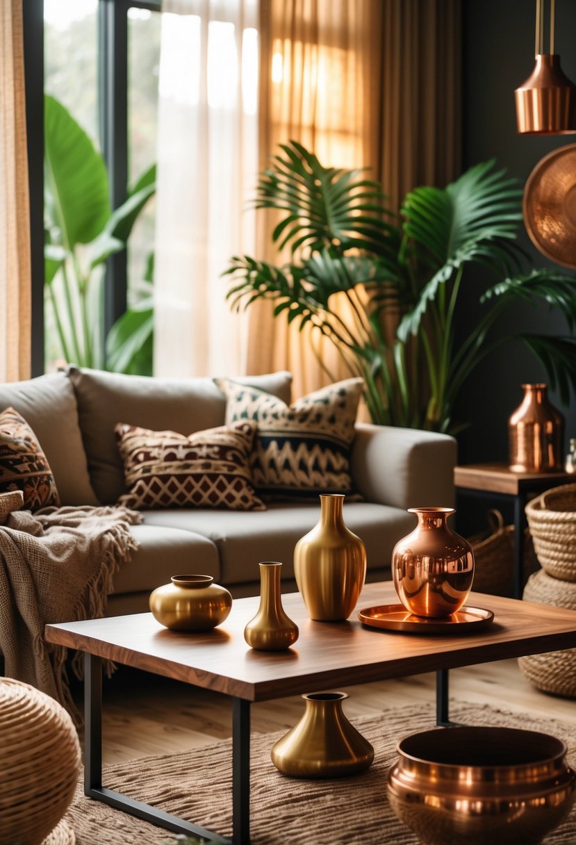 v2 17p6ah jkevu A living room with a sofa, coffee table decorated with brass and copper items, plants, and warm natural lighting.