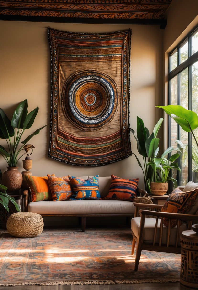 v2 17p6at kho6o Living room with a large beaded wall tapestry hanging on the wall, surrounded by seating, plants, and wooden furniture.