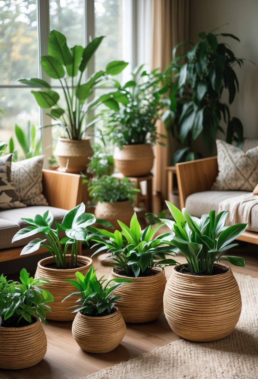 v2 17p6bl 20h7d Living room with green plants in woven planters, wooden furniture, and soft natural light.