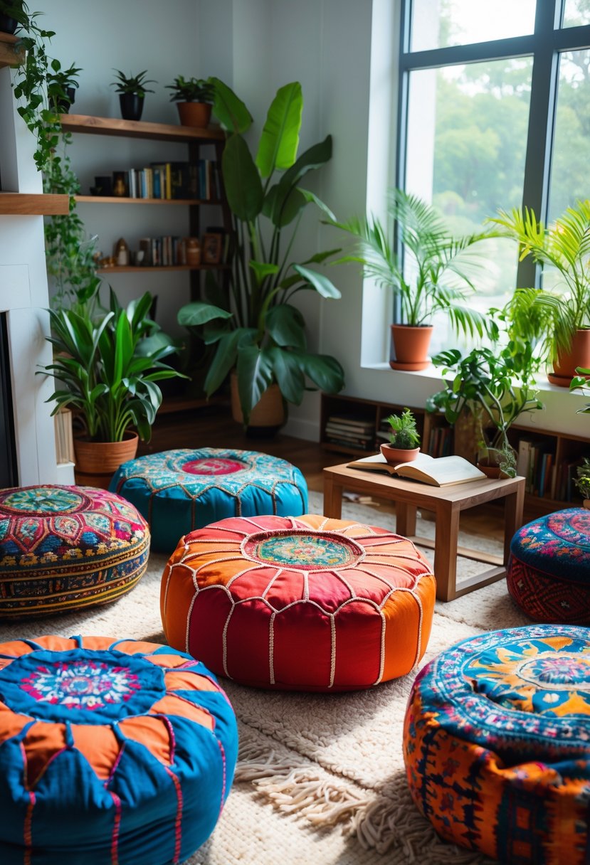 v2 17p6bz h0v69 A bright living room reading nook with colorful Moroccan poufs arranged around a low table, surrounded by plants and books.