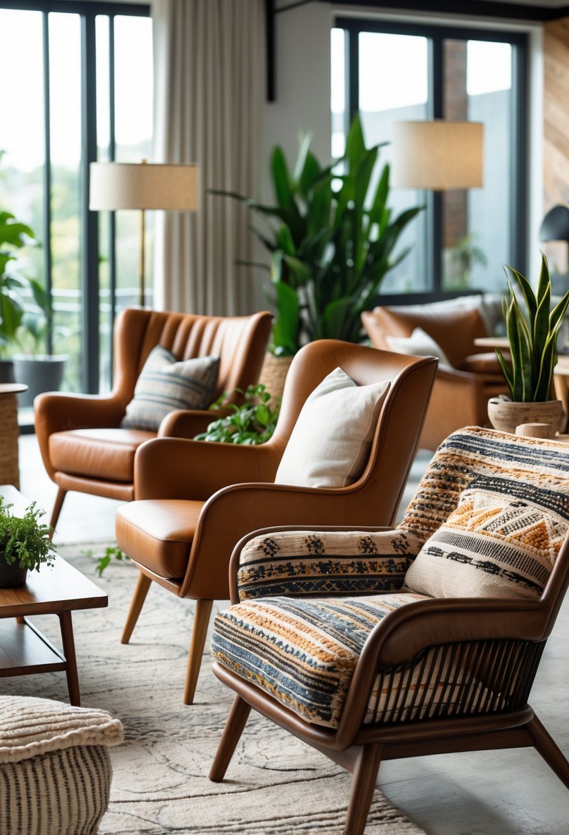 v2 17p6cq 0naij A living room with leather and woven textile chairs arranged around a coffee table, with plants and natural light filling the space.
