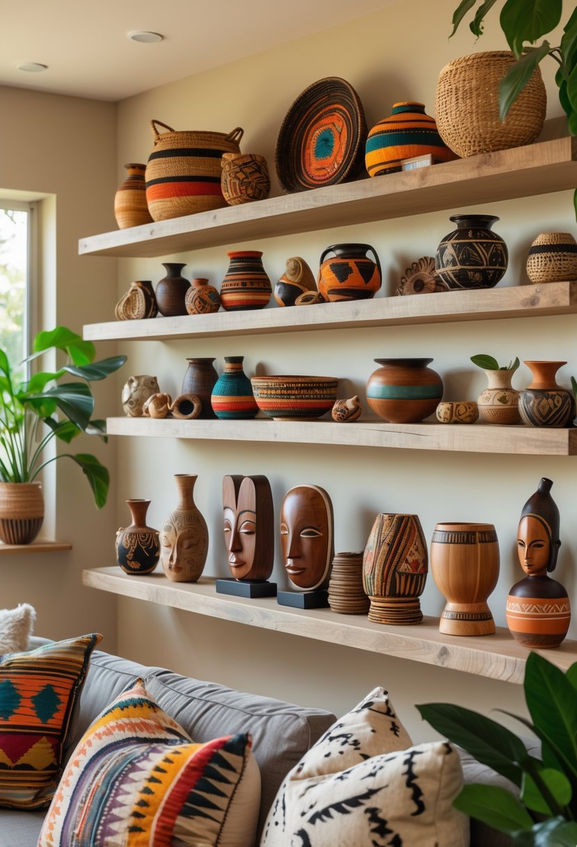 v2 17p6d5 wzukr Living room with open shelves displaying various cultural artifacts including baskets, sculptures, and textiles.