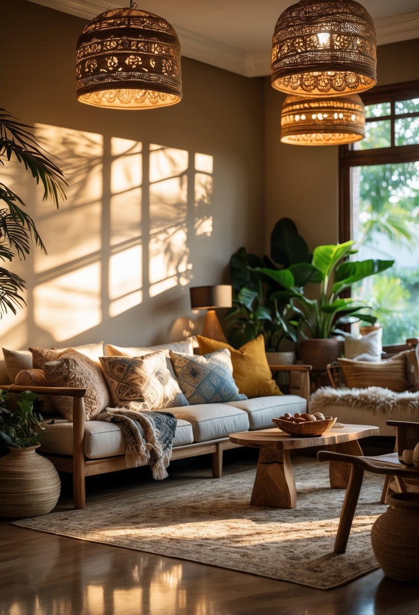 v2 17p6dh c7p4p A cozy living room with carved wooden lampshades casting patterned shadows, comfortable seating, plants, and warm lighting.