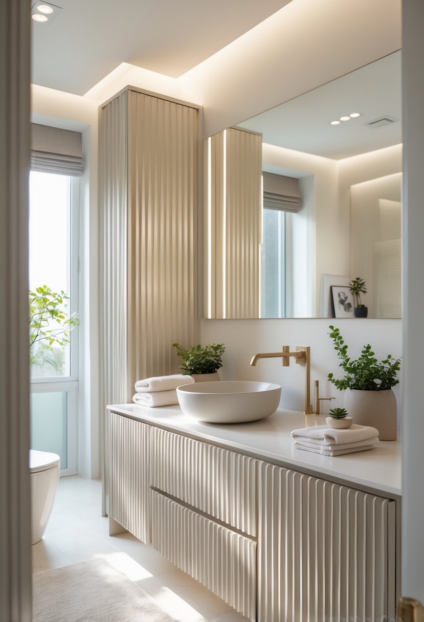 v2 17p6i3 vz7k5 Bathroom vanity area with fluted cabinets, a vessel sink, mirror, and decorative accessories.