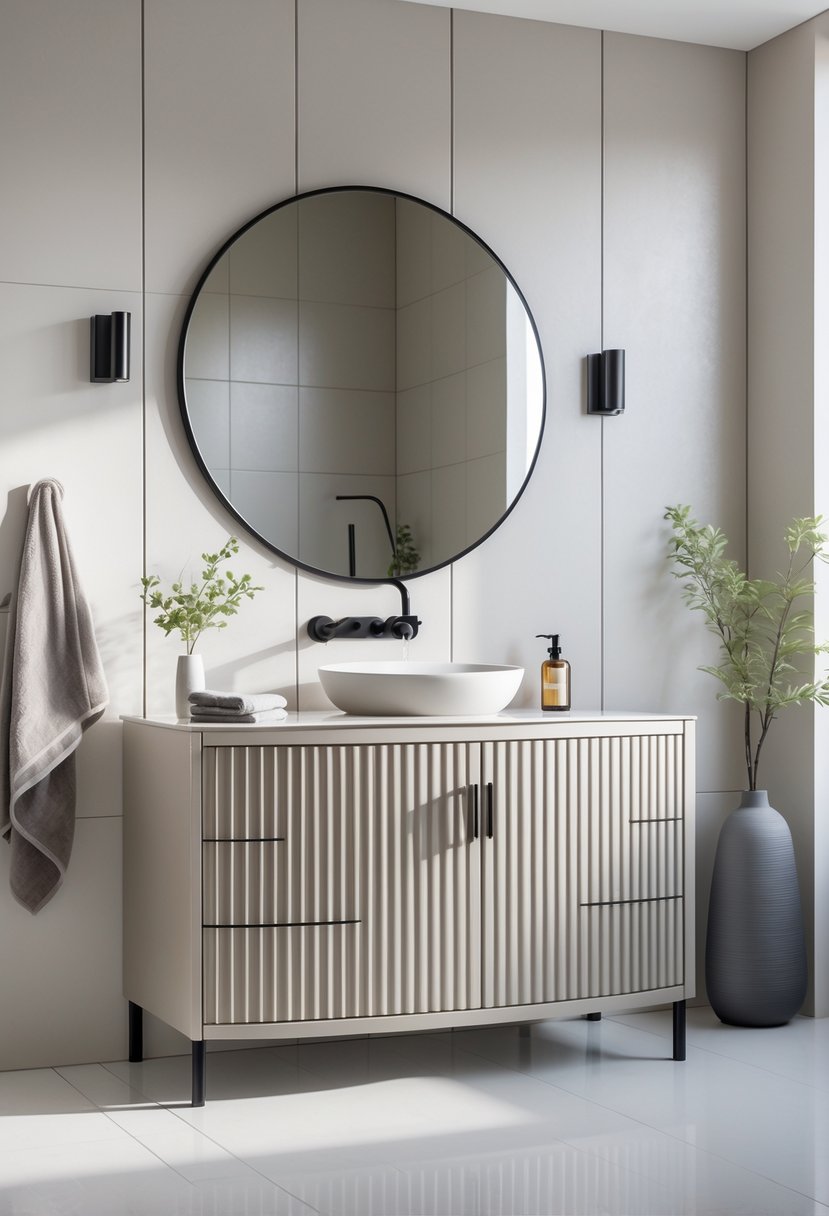 v2 17p6ij A bathroom with a fluted vanity, a round mirror, a vessel sink, and decorative plants.