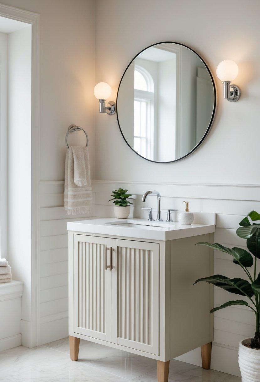 v2 17p6ix 9tiip A bathroom with a 30-inch fluted vanity topped with a white countertop, a round mirror above it, and bathroom accessories including a small plant and folded towels.