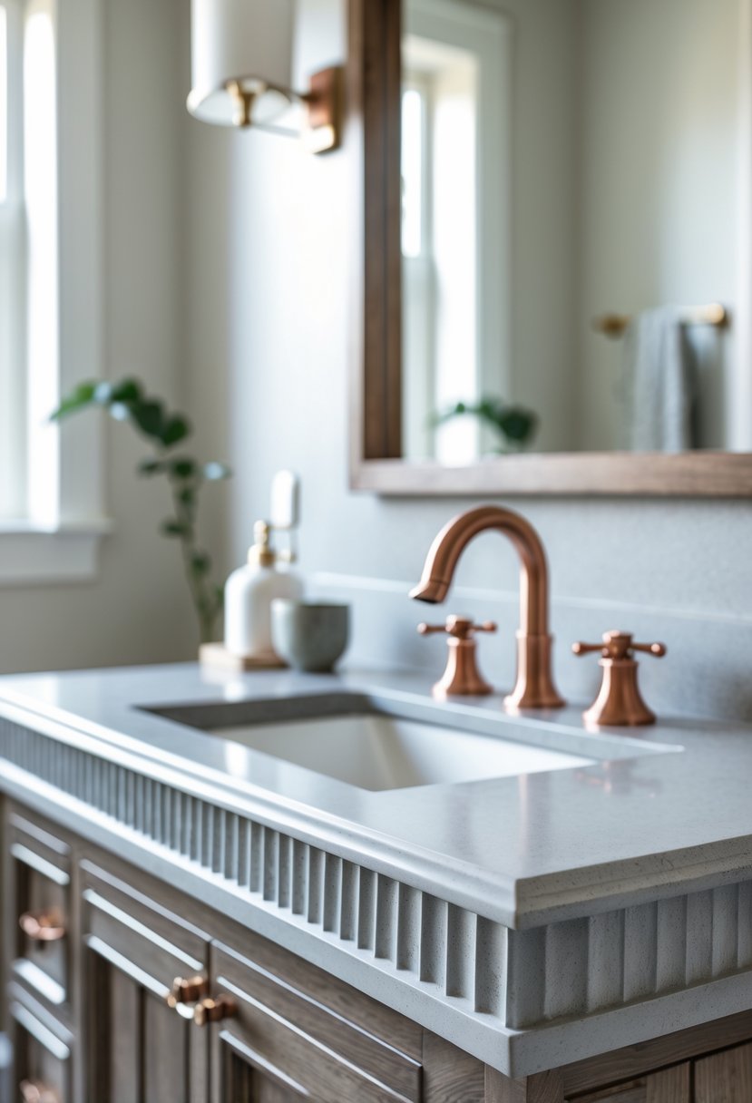 v2 17p6jd Bathroom vanity with a stone countertop and copper knobs in a well-lit bathroom setting.