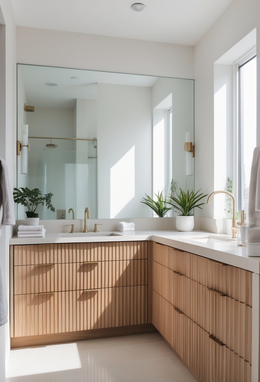 v2 17p6ka 0mq7p A large U-shaped bathroom vanity with multiple drawers and a spacious countertop in a bright bathroom.