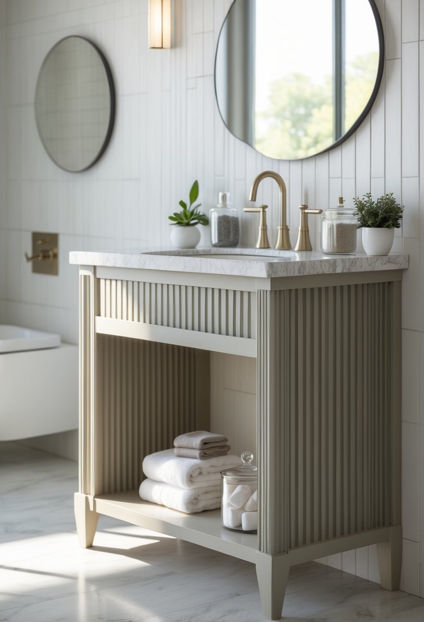 v2 17p6ko 0mpsm A bathroom with a fluted vanity featuring an adjustable shelf holding towels and plants under a marble countertop.