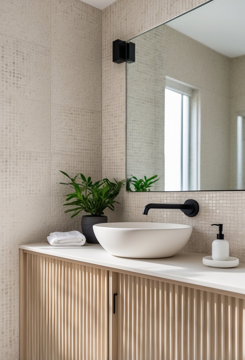 v2 17p6kz hznau Bathroom with neutral patterned tile wall and a wooden vanity with vertical fluted doors, featuring a white sink and black faucet.