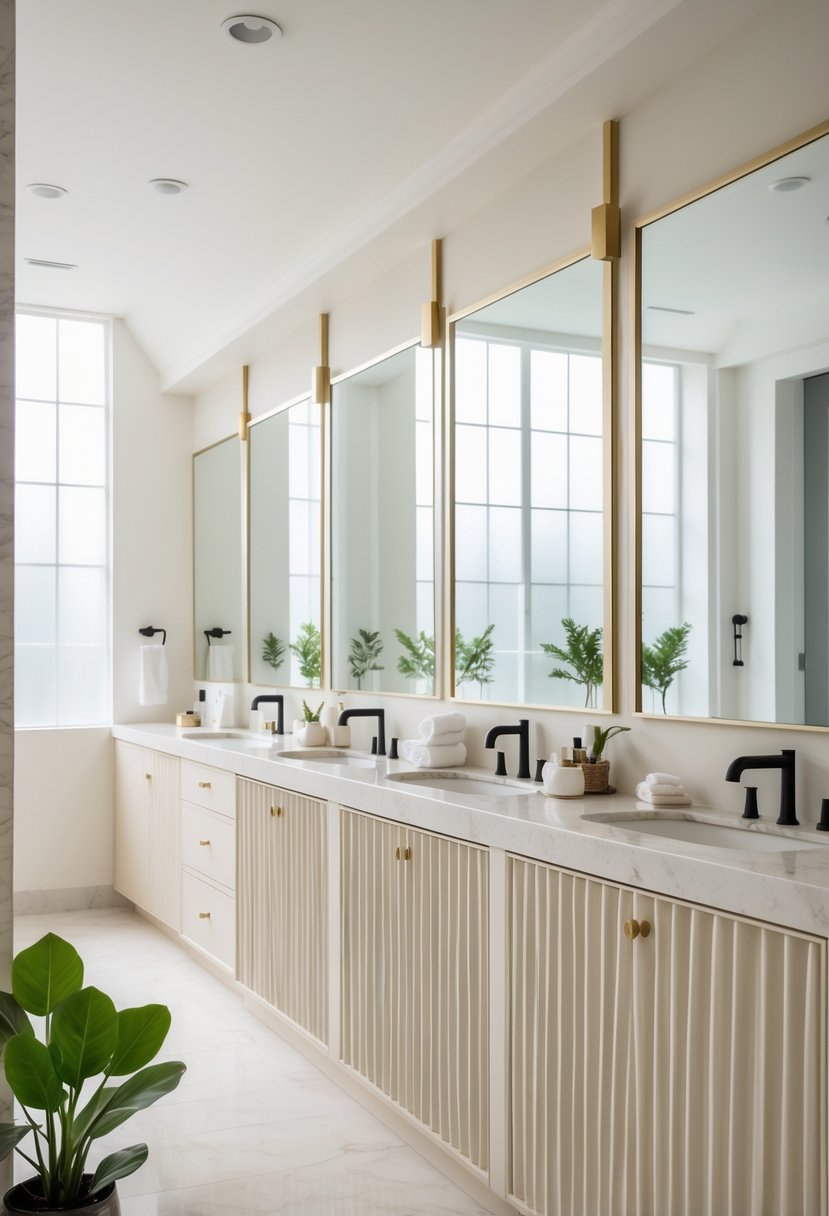 v2 17p6le pl67p A bright bathroom with several elegant vanities featuring vertically grooved cabinet fronts, marble countertops, modern fixtures, plants, and mirrors.
