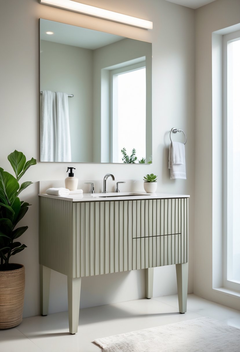 v2 17p6ls pg77h A modern bathroom with a slim-legged solid body vanity featuring fluted details, a clean countertop with bathroom accessories, and a large mirror above.