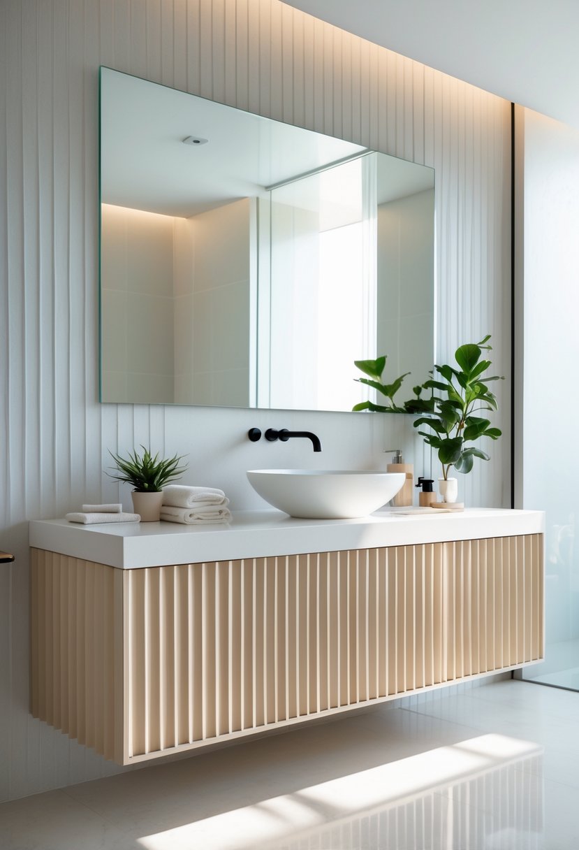 v2 17p6m5 g0j4h A modern bathroom with a wooden vanity featuring vertical grooves, a white vessel sink, a black faucet, a large mirror, and decorative accessories.