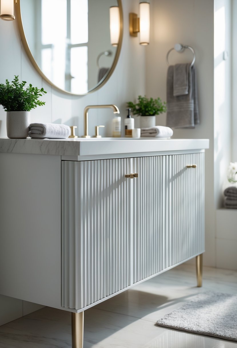 v2 17p6mj 9e7gk A bathroom with a fluted front vanity featuring a moisture-resistant finish, a sink, mirror, and decorative items on the countertop.