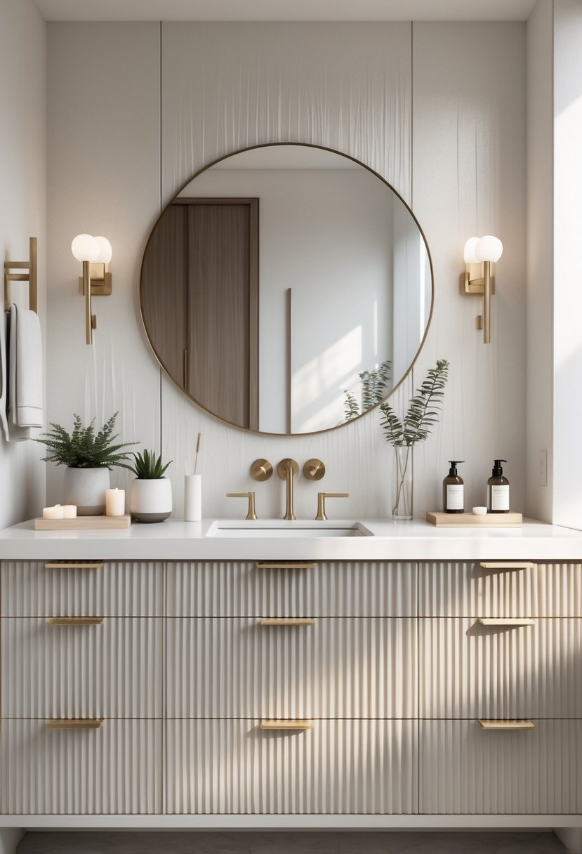v2 17p6nc 6432b A modern bathroom vanity with fluted drawer fronts, a round mirror, and decorative items on the countertop in a bright, clean setting.
