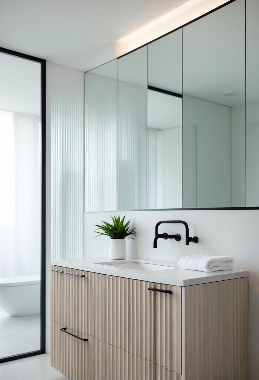 v2 17p6o5 lfays A bathroom with a light wood vanity featuring vertical grooves, a white countertop with a sink and black faucet, a large mirror, and a small green plant on the vanity.