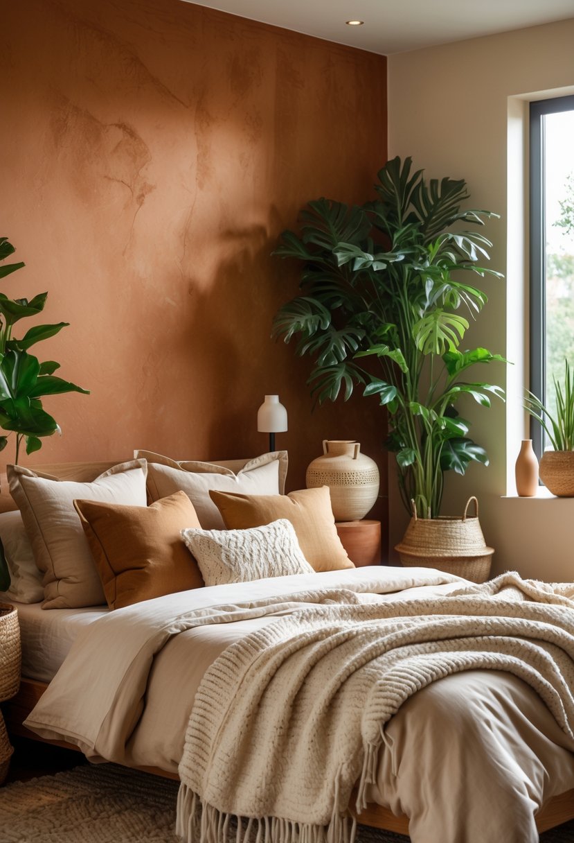 A cozy bedroom with a warm terracotta accent wall, wooden furniture, soft bedding, and green plants.