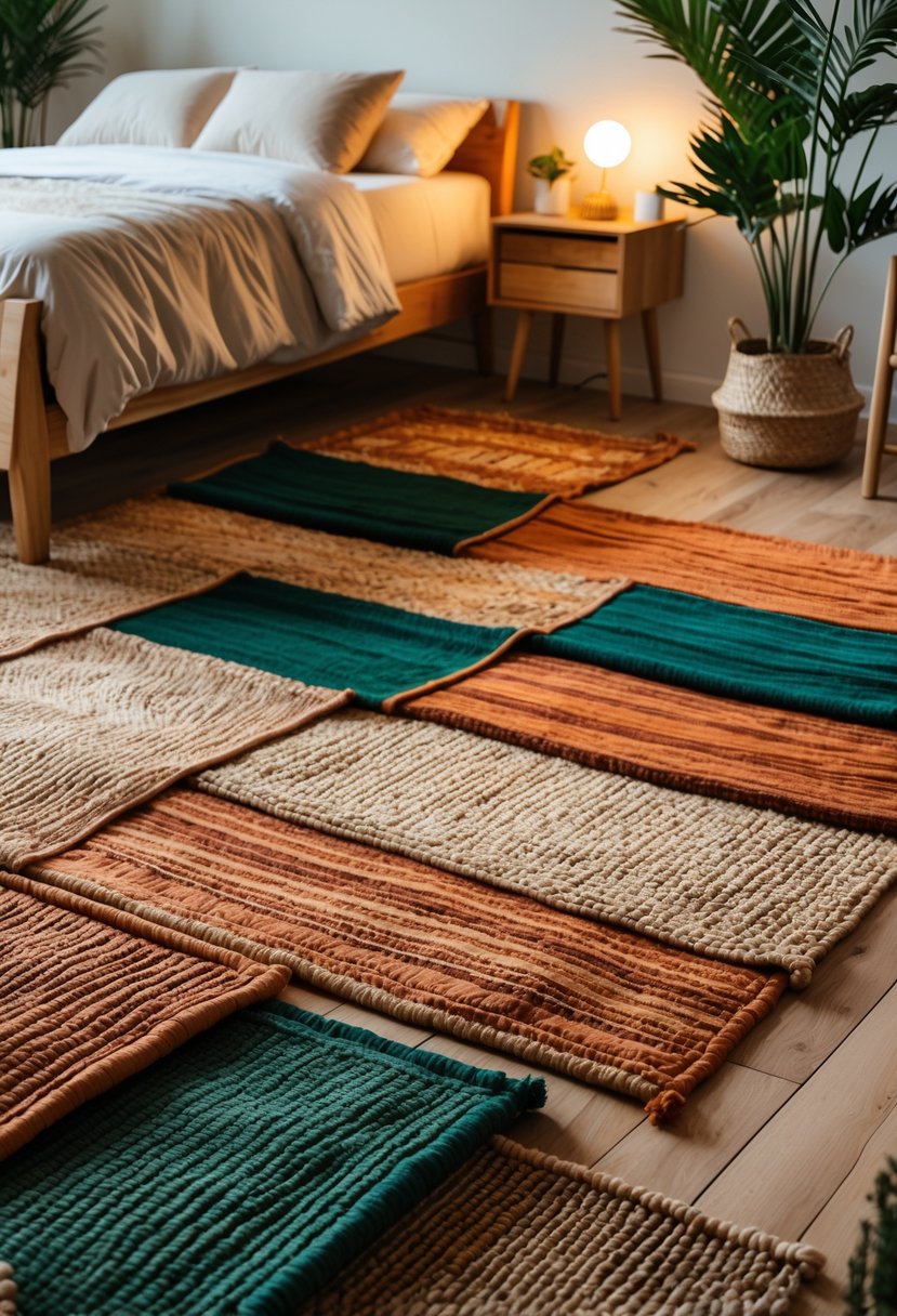 A bedroom with a bed, layered woven rugs on the wooden floor, wooden furniture, and potted plants.