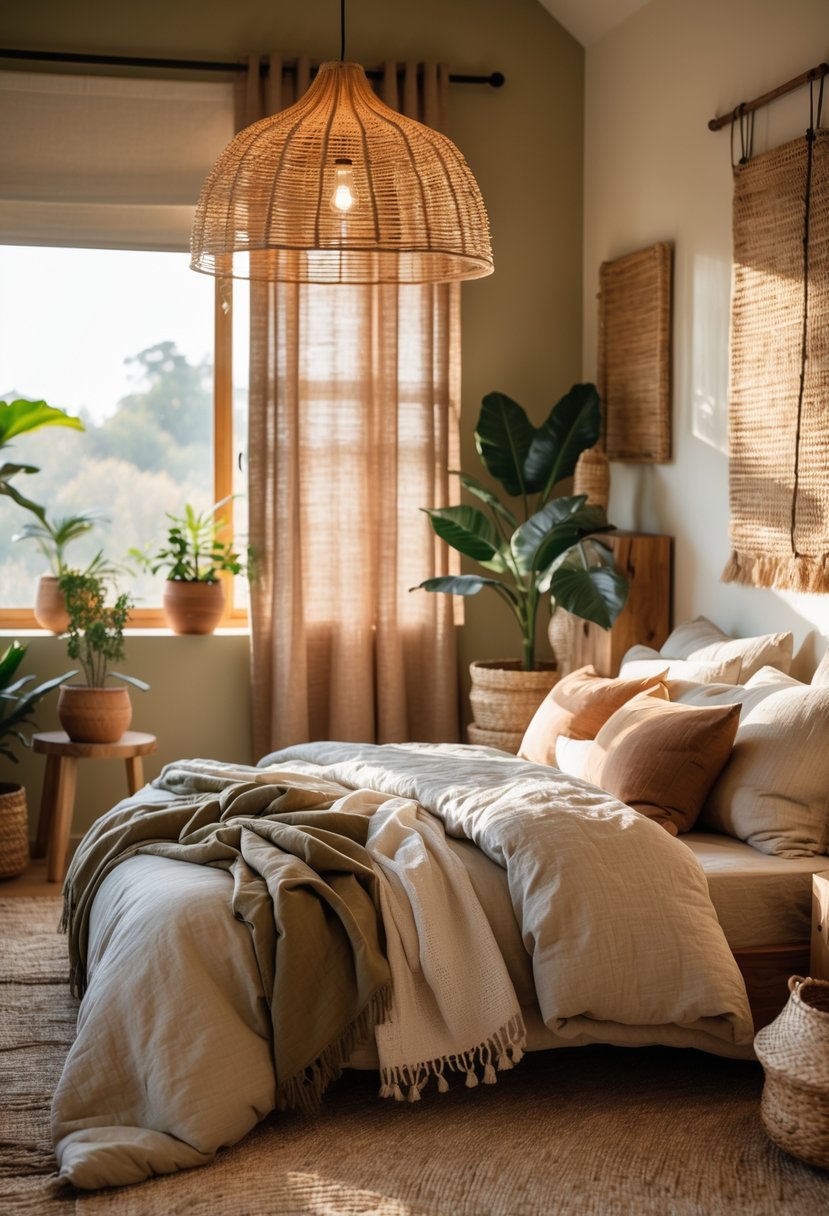 A cozy bedroom with a rattan pendant light hanging above a neatly made bed surrounded by plants and wooden furniture.