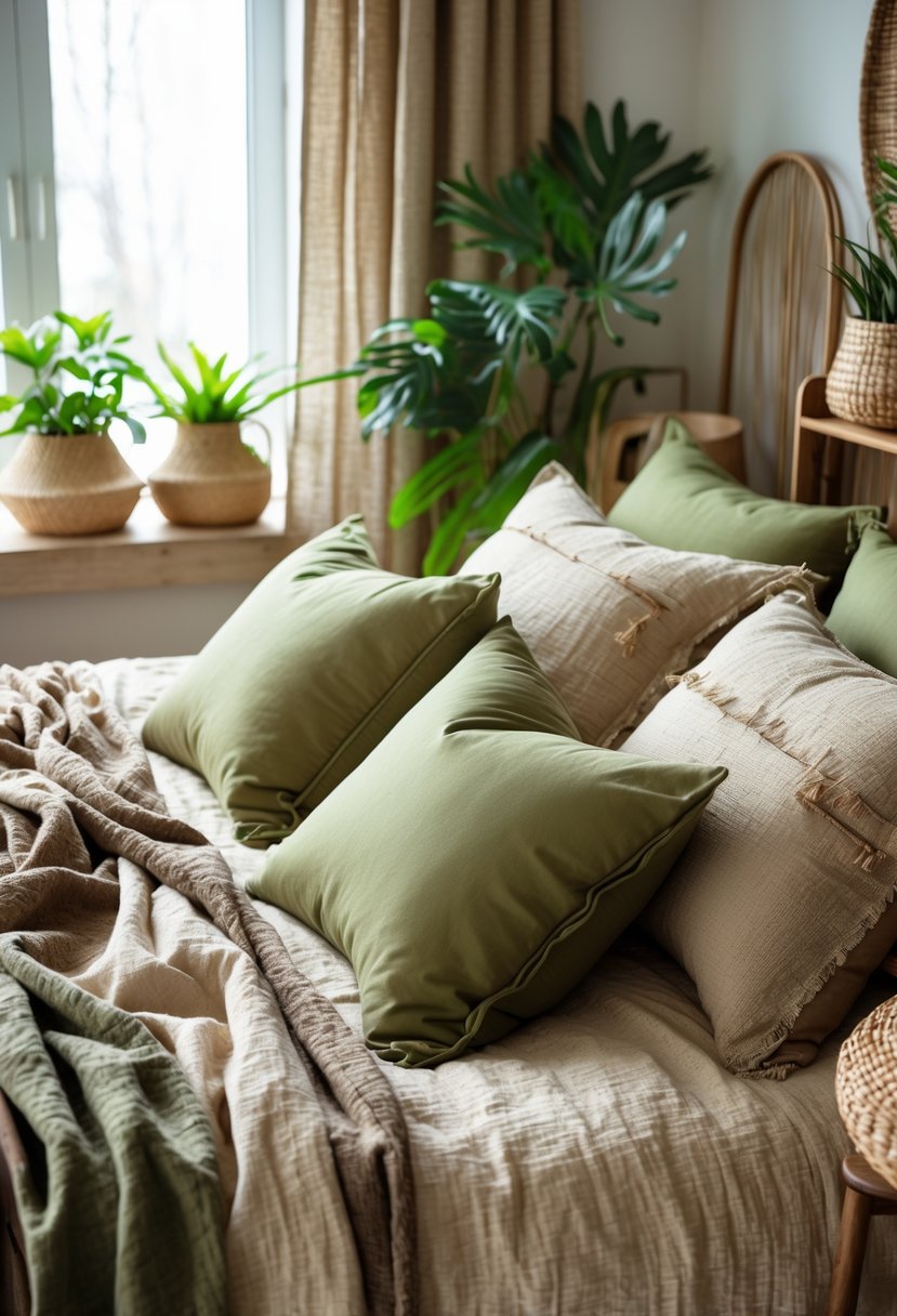 A bedroom with olive green throw pillows on a bed surrounded by earth-toned bedding and natural decor.