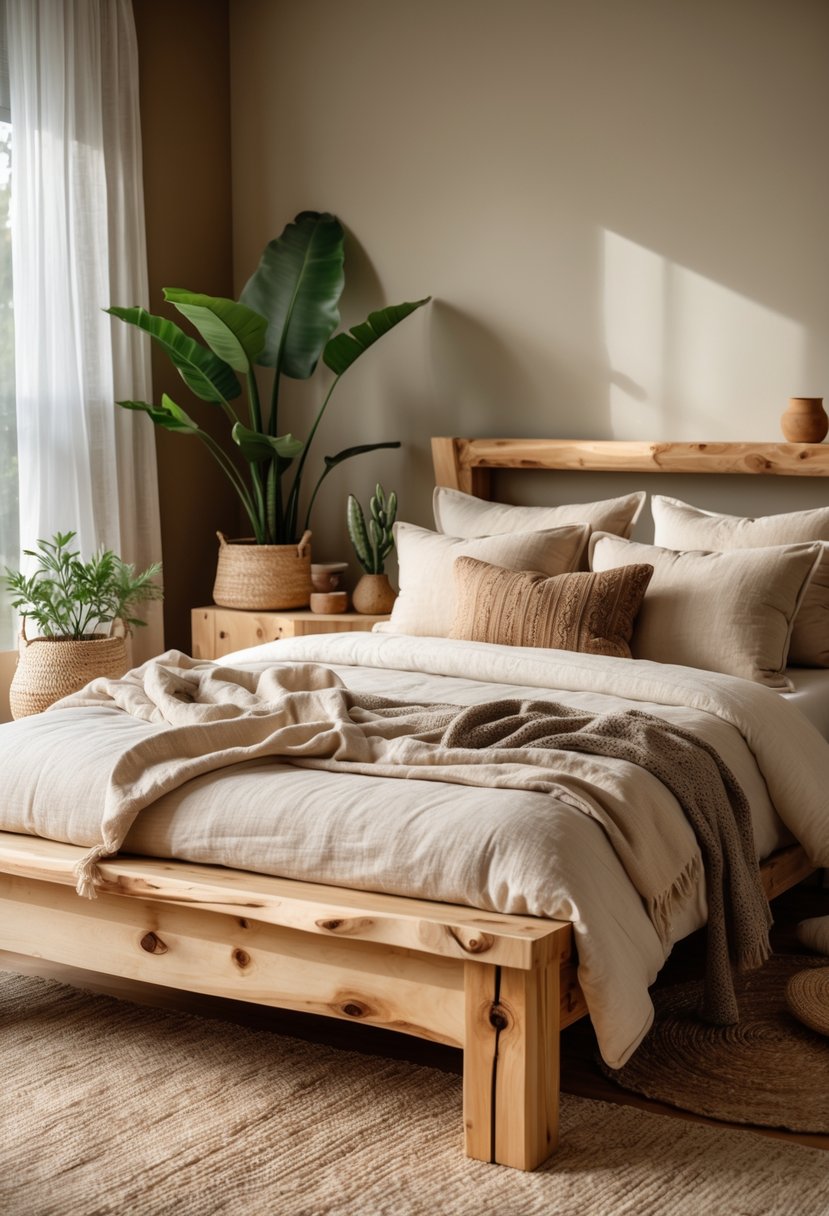 A bedroom with a raw wood bed frame, neutral bedding, plants, and natural light creating a warm and inviting atmosphere.