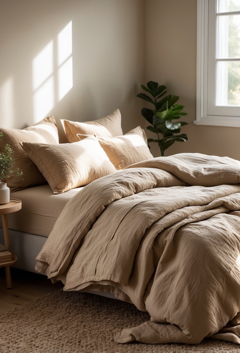 A neatly made bed with beige linen bedding in a softly lit bedroom with a wooden bedside table and a small plant.
