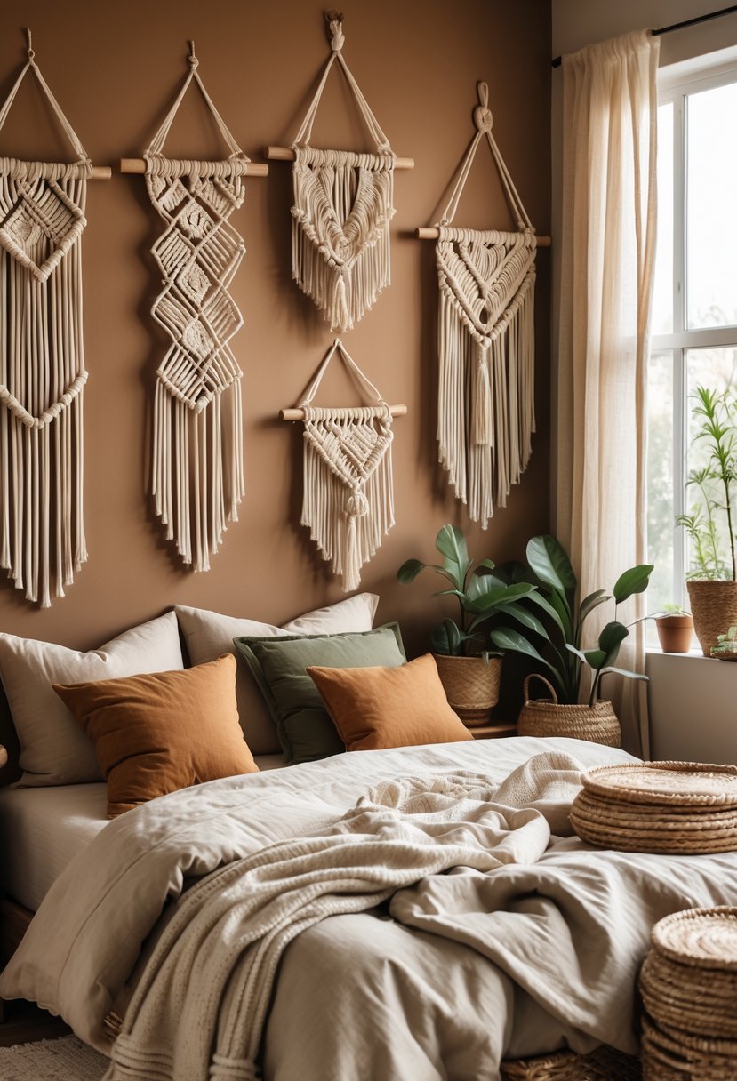 A bedroom with macramé wall hangings, wooden furniture, plants, and warm natural lighting.