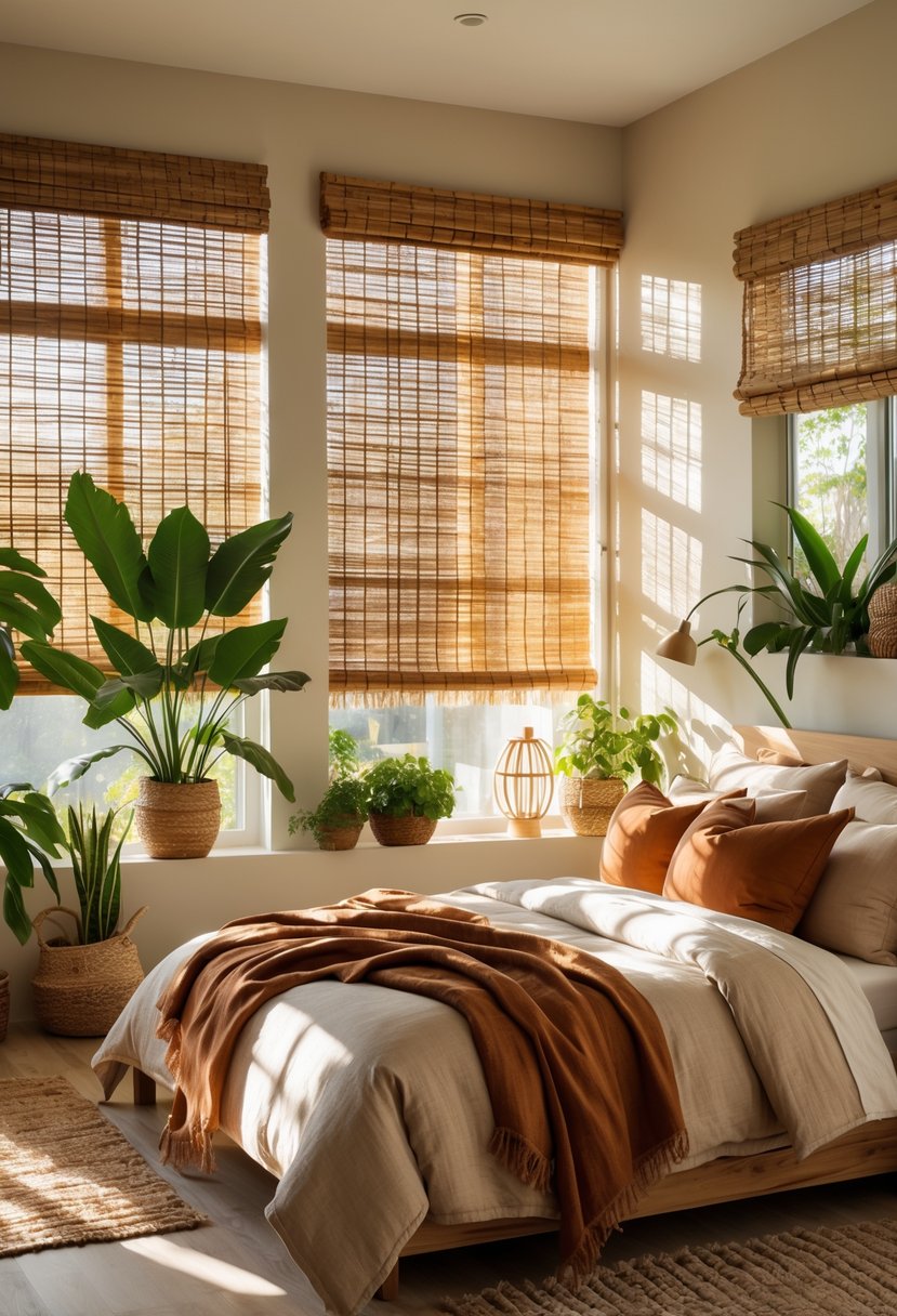 A bedroom with bamboo blinds letting in sunlight, natural wood furniture, plants, and earthy-colored bedding.