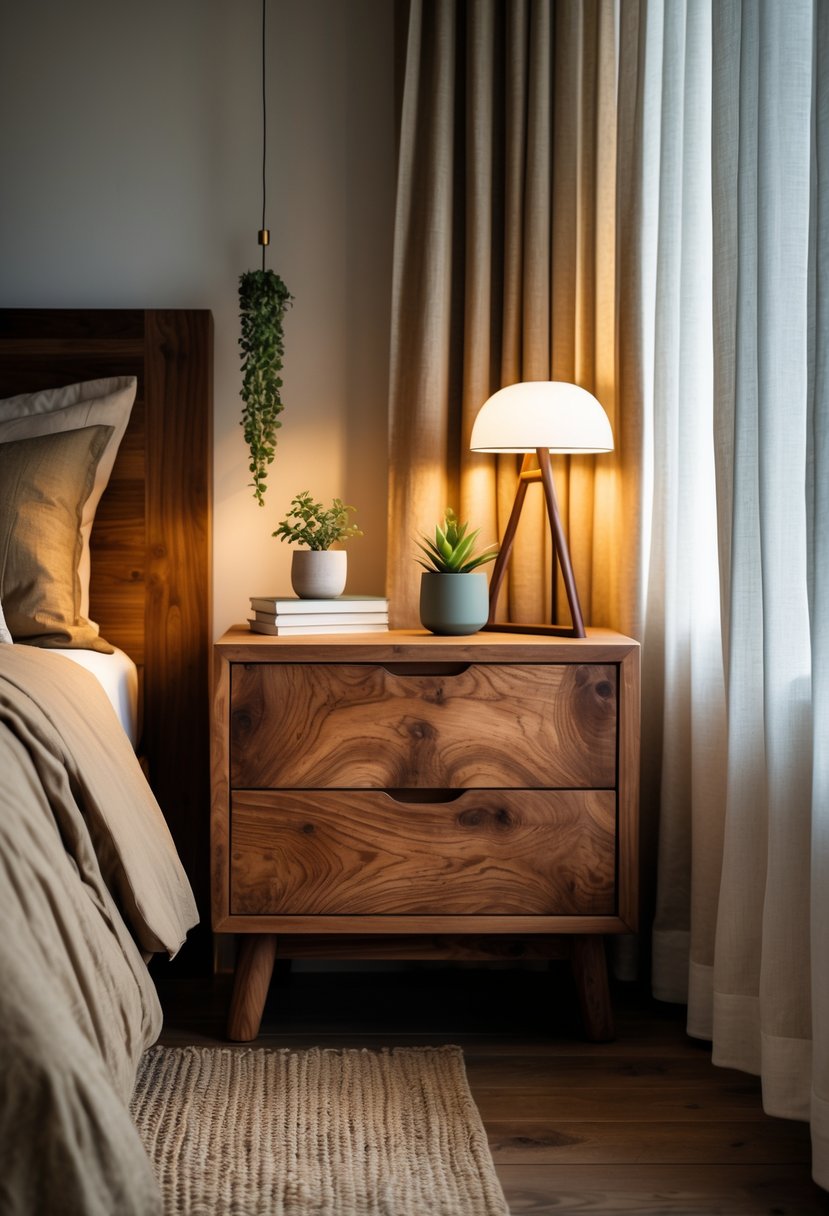 A bedroom scene with two walnut nightstands next to a bed, decorated with plants, lamps, and books.