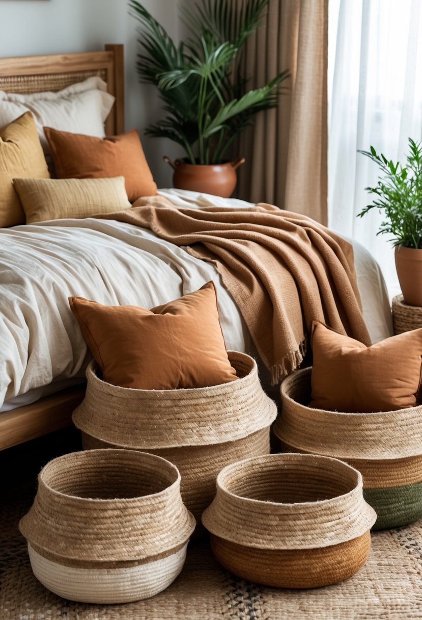 A bedroom corner with textured jute baskets filled with blankets and pillows, natural wooden furniture, plants, and soft natural light.