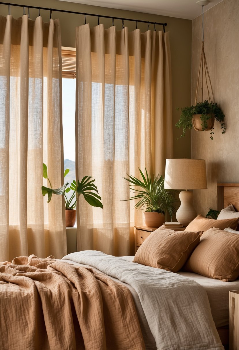 A cozy bedroom with natural cotton curtains letting in soft sunlight, a made bed with earthy colored pillows, plants by the window, and a wooden nightstand with a lamp.