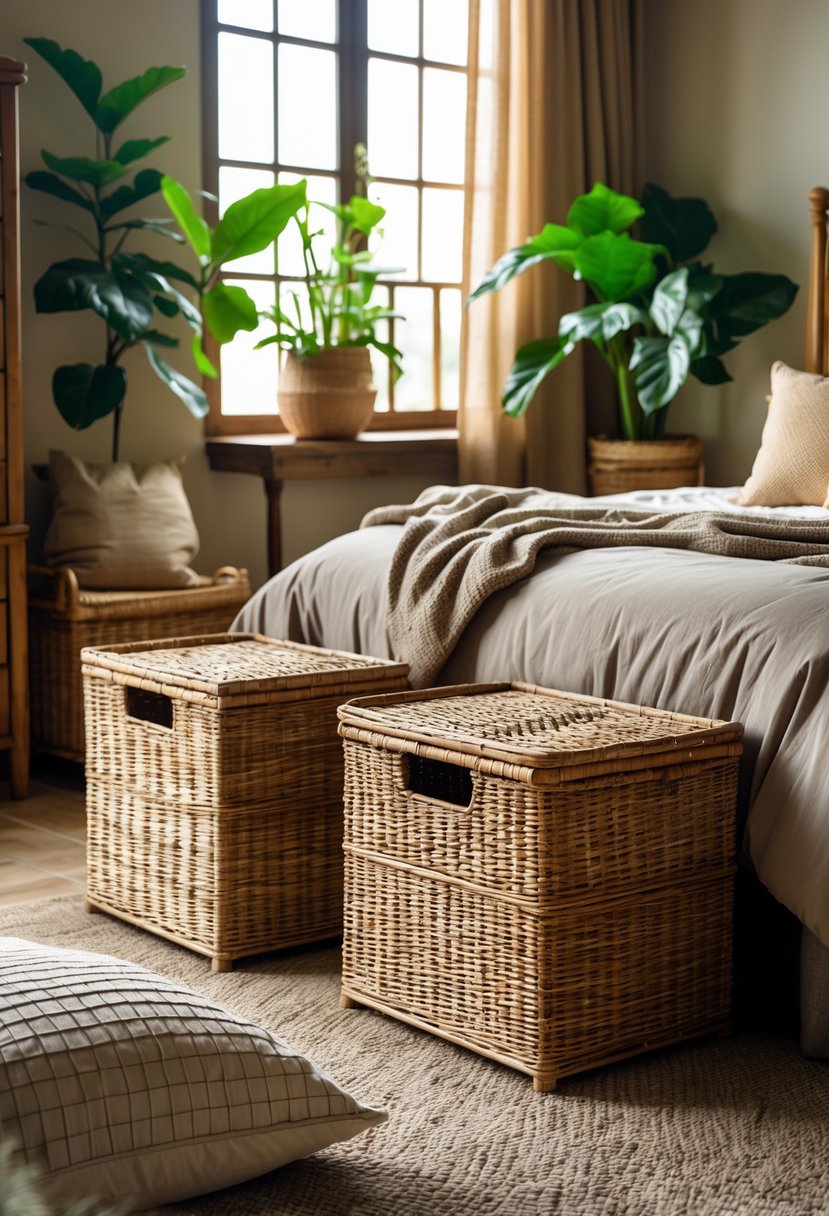 A bedroom with wicker storage bins, wooden furniture, plants, and natural light creating a warm and organized space.