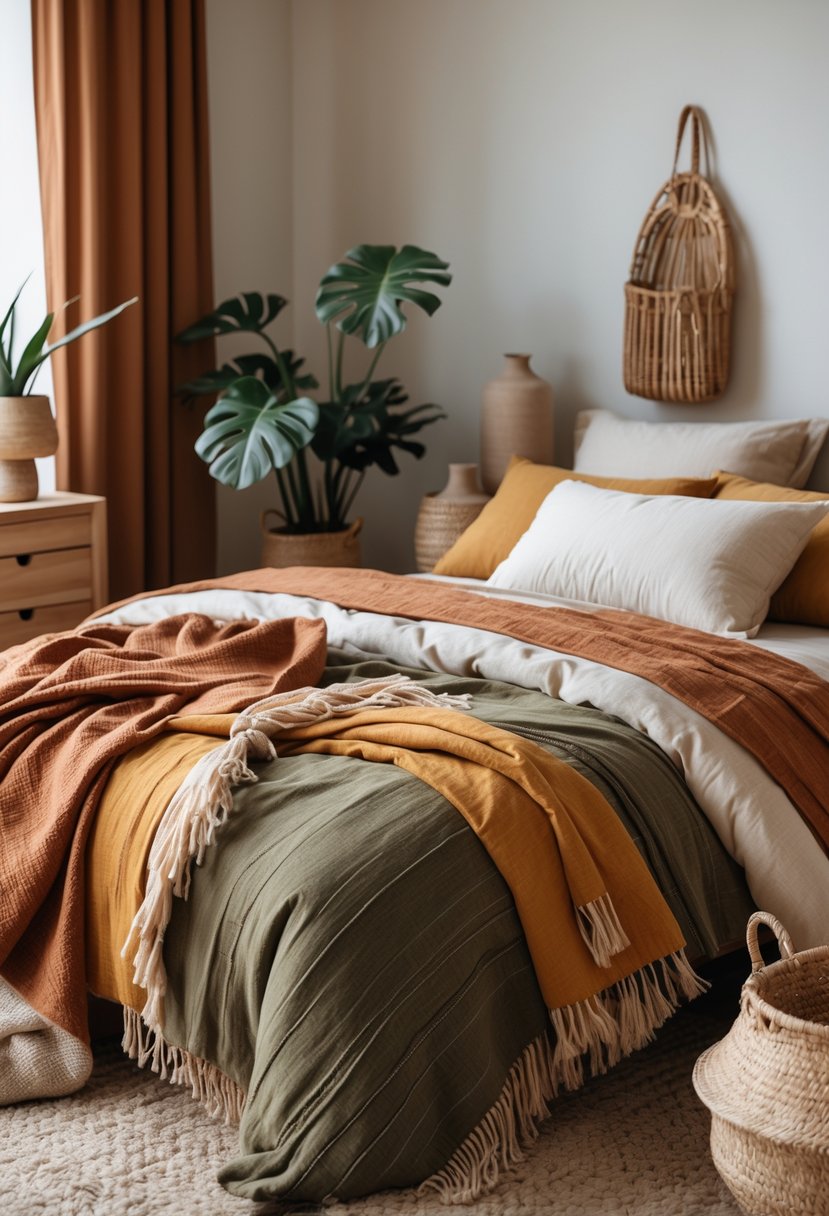 A cozy bedroom with a bed covered in layered handwoven cotton blankets in earthy colors, surrounded by wooden furniture and potted plants.