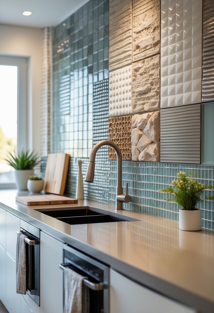 v2 17p7no A modern kitchen with various textured backsplash designs displayed on the wall behind a countertop with kitchen accessories.